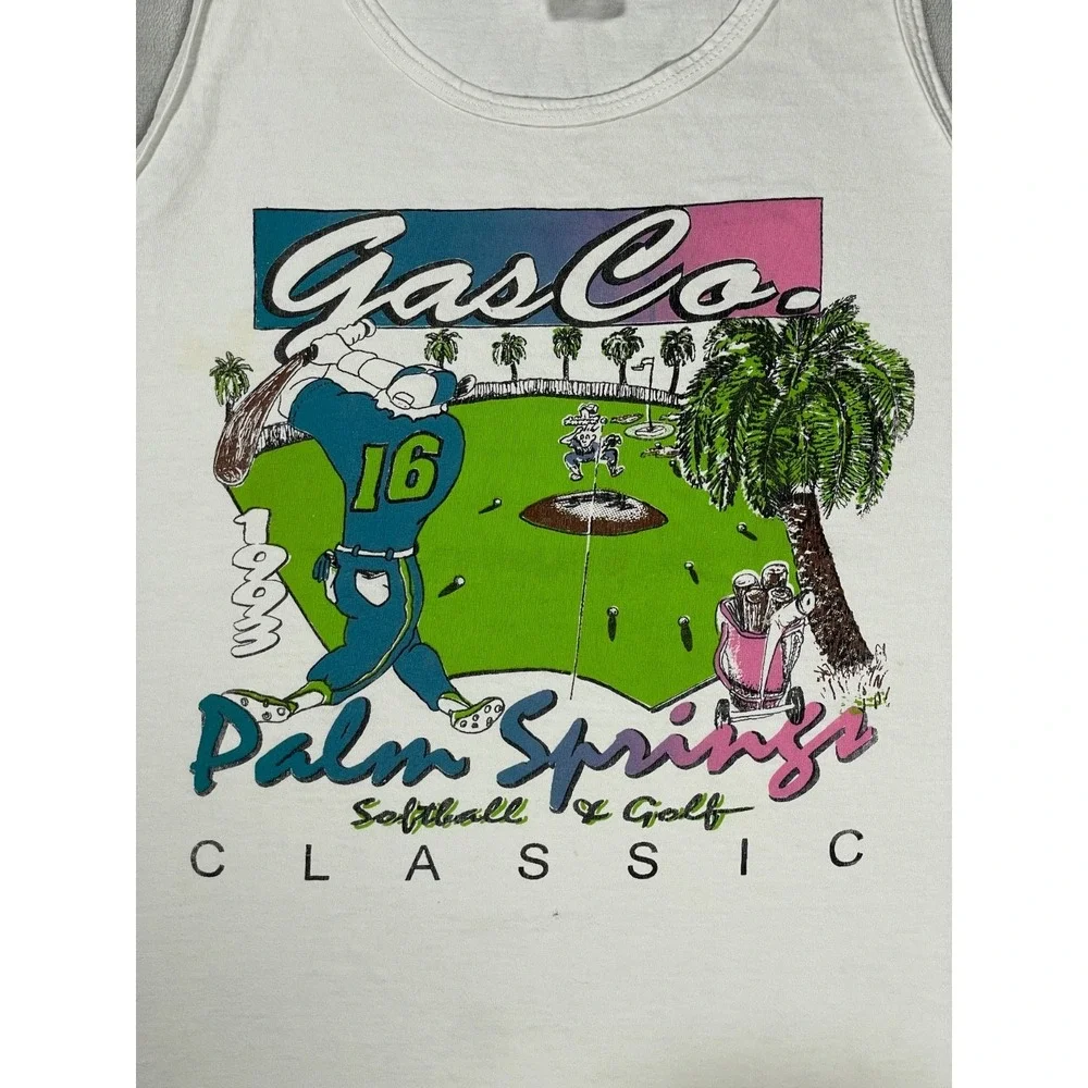 Vintage 1993 Palm Springs Gas Co Tank Top Men L White Golf Made in USA